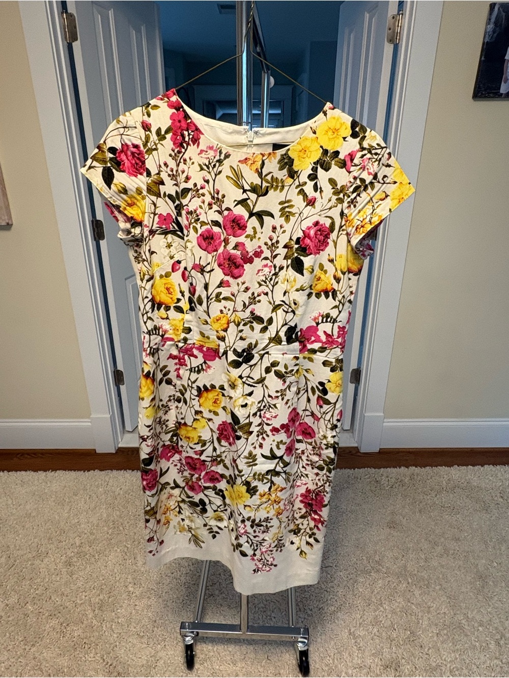 Adrianna Papell Cream Midi Dress with Pink & Yellow Floral Print